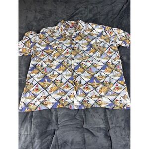 Dem Crazy Mens XL Lighthouse Nautical Print Short Sleeve Button Up Shirt Blue